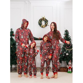 Matching Christmas Onesie Pajamas for Family, Adult Onesie Xmas Pjs with Zipper Holiday Loungewear One Piece Hooded Christmas Onesie Sleepwear for Couples/Women/Men (Youth,8-10T,Red Deer)