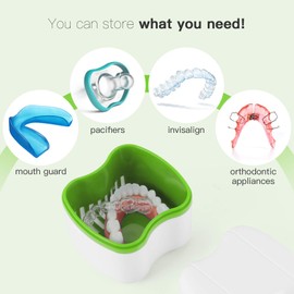 Annhua Dental Storage Container with Flushable Basket，Denture Boxes Denture Retainer Case for Soaking and Cleaning Dentures, Home & Travel Use（Light Green)
