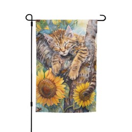 Cute Cat Garden Flag 12x18 Inch Double Sided, Sunflower Yard Flag For Outdoor, Summer Seasonal Decors For Farmhouse Holiday Outside