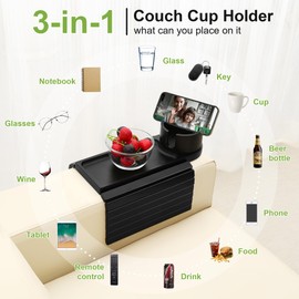 aisongdong Couch Cup Holder,Bamboo Couch Arm Tray with 360° Rotating Cup Holder,Foldable Anti-Slip Sofa Arm Chair Tray for Eating Snack Drink Side Table