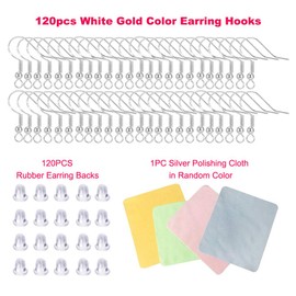 Hypoallergenic Fish Hooks Earrings - 120 PCS/60 Pairs White Gold Plated Ear Wires Fish Hooks for Jewelry Making, Jewelry Findings Parts with 120 PCS Rubber Earring Backs Stopper for DIY Earrings