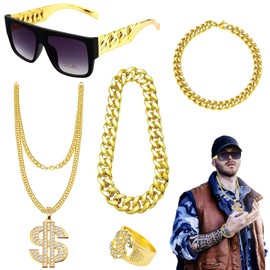 Funmo Dollar Chain Set, 5 Pieces Hip Hop Costume Set, 80s Costume Golden Dollar Chain 80s/90s Rapper Accessories Hip Hop Jewellery Gold for Men Women Carnival, gold