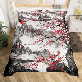Feelyou Cherry Blossoms Bedding Set Queen Size Kids Japanese Style Comforter Cover Set for Boys Girls Teens Fuji Mountain Decor Home Decor Duvet Cover Red Sun Ink Painting Down Bedspread Cover