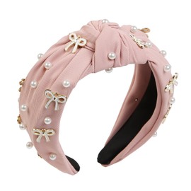 TEBIEKOY Cute Knotted Headbands for Women, Trendy Bows and Pearl Wide Head Band Non Slip Hairhoop, Thick Elastic Hairband for Womens Hair Pink Black Hair Accessories
