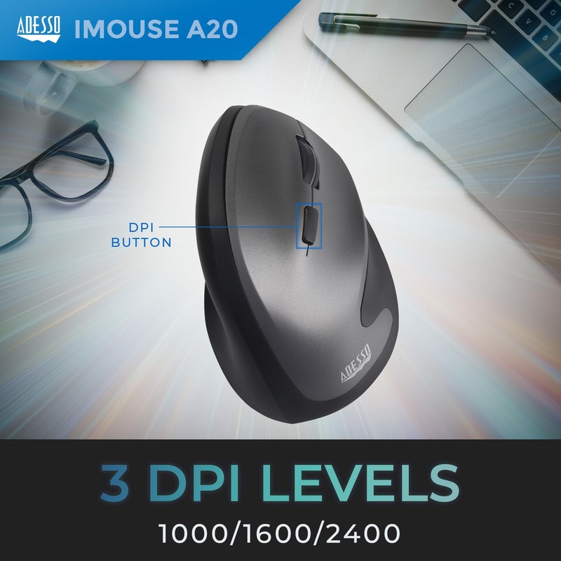 Adesso iMouse A20 Ergonomic Wireless Mouse, 1000/1600/2400 DPI, Vertical Design,