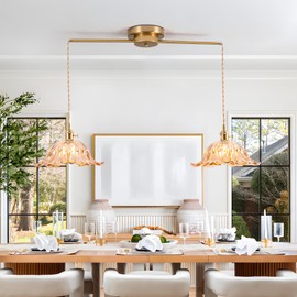 2-Lights Brass Vintage Pendant Light Fixtures, Modern Chandelier Pendant Light with Amber Flower Glass Lmapshade, Adjustable Hanging Lights for Kitchen Island Dining Room Hallway, E26,(Amber)