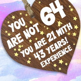64th Birthday Gift For Women Men Wooden Heart Plaque, Dark Wood Sign Keepsake, Happy Birthday Mum, Grandma, Dad, Husband, Wife, Uncle, Mum Gifts From Son, Nan, Grandad Birthday Present