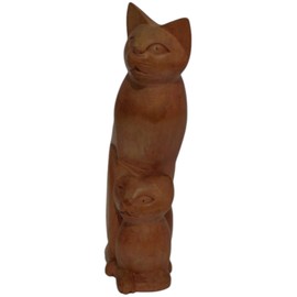 Brave Wings Hand Carved Wooden Cat ~ Mother Cat and Kitten 16cm High ~ Ornament Sculpture Figurine Statue Unique Table Decoration Home Decor ~ 5209