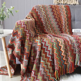 LumiSyne Knitted Throw Blanket Tassels Houndstooth Bohemian Check Soft Cozy Woven Blanket Sofa Throws Warm Armchair Cover Decorative Blanket For Couch Bed Settee 170x130cm