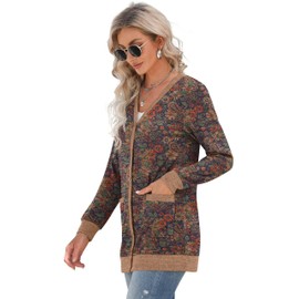 GRECERELLE Cardigan for Women Open Front Button Down Printed Lightweight Ladies Sweater V Neck Long Sleeve Outerwear Tops with Pockets FP Cashew Navy-L