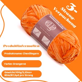 3 x 100g (3 x 80m) Chenille Yarn, Velvet Yarn for Knitting and Crochet with Large Eye Needles, Soft Chenille Yarn for Clothes, Blankets, Bags, Sweaters, DIY Knitting Projects (Orange)