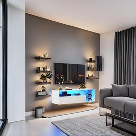 Wall Mounted TV Stand, 39 inch Wood TV Stand with LED lights, High Glossy Entertainment Center with Large Drawers＆Glass Display Shelf, Modern Media Gaming Cabinet TV Console for Livingroom, Bedroom