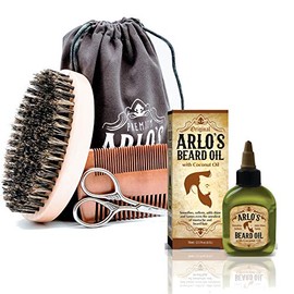 Arlo's Kit de cuidado de barba premium para hombre de 5 piezas con aceite de coco para barba Aceite de barba de 2.5 oz, cepillo para barba, peine para barba, tijeras para barba y bolsa de transporte