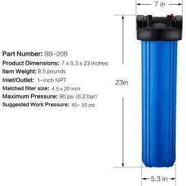Geekpure 20 Inch Whole House Water Filter Housing-1"NPT -Fit 4.5"x 20" Filters