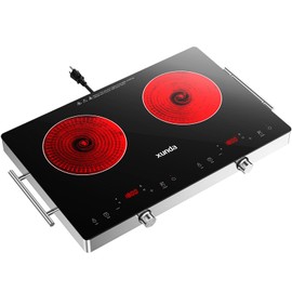xunda 1800W Ceramic Electric Hot Plate for Cooking, Mothers Day Gifts for Mom, Glass Double Infrared Burner, Portable Electric Stove with Carry Handle, Hot Plate for Dorm Home VR Cam, Fit all Cookware
