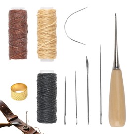 12PCS Leather Sewing Needle 12m Waxed Thread Kit Hand Sewing Needles Cord Drilling Awl Thimble Curved Needle for DIY Leather Repair Hand Stitching Embroidery Bookbinding
