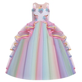 MYRISAM Unicorn Costume Princess Birthday Pageant Party Dance Performance Carnival Long Maxi Tulle Fancy Dress Up Outfits Multicolored 10-11T