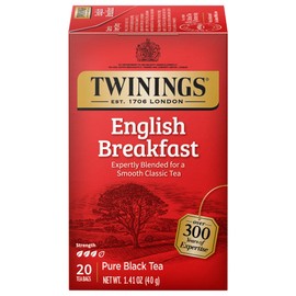 Twinings English Breakfast Black Tea Individually Wrapped Bags, 20 Count (Pack of 1), Flavourful, Robust, Caffeinated, Enjoy Hot or Iced, 20 Teabags