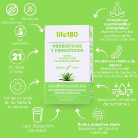 Life180 Probióticos y Prebióticos con Inulina de Agave, 21 Sticks Sin Sabor