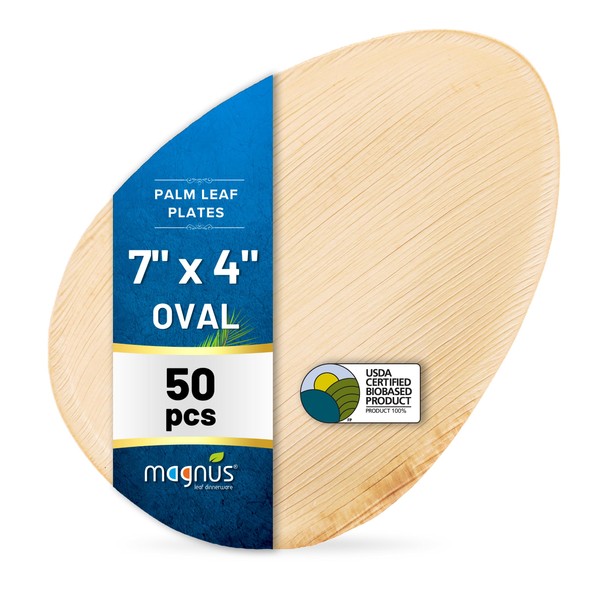 magnus [50 Pack 7" x 4.5" Oval Small Palm Leaf Plates,100% Compostable Premium Disposable Plates Set, Heavy Duty Eco-Friendly Bamboo Plates Disposable, Appetizer and Dessert Plates Set