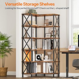 HOOBRO Corner Bookshelf, 6-Tier L-Shaped Bookcase, Industrial Open Display Shelf Tall Storage Organizer, Vertical Storage Rack, for Living Room, Home Office, Rustic Brown and Black BF61SJ01