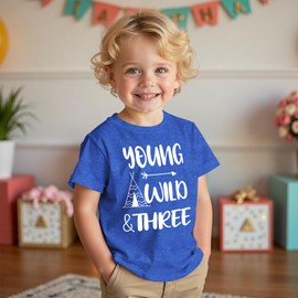 Young Wild and Three Birthday Boy Shirt 3rd Birthday Outfit Toddler T-Shirt 3 Year Old Boy Third Party Tee Tops (Blue, 3T)