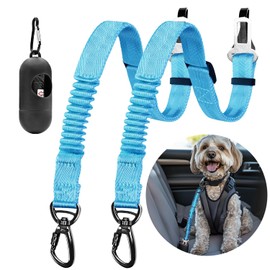 Dog Seat Belt for Car, Dog Car Harness Dog Seatbelt in Car, Safety Leash with Woven Elastic Nylon Buffer Adjustable Rotating Buckle and Dog Poop Bags (19.6-31.5in, Blue,Two Pack)