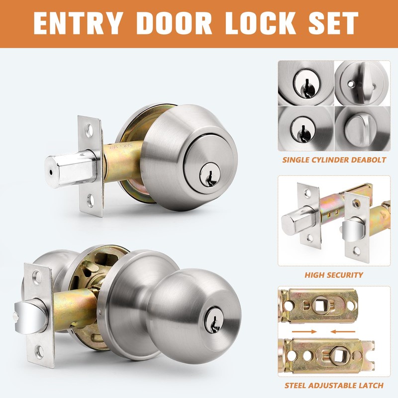 Probrico 3 Pack Exterior Door Knob and Single Cylinder Deadbolt