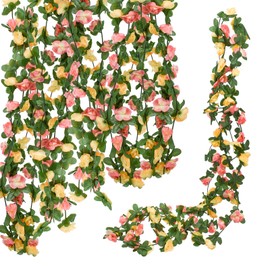 Bacucine 6PCS Artificial Flowers Garland Fake Peony Vines Hanging Silk Floral Vine for Bedroom Wedding Home Office Wall Garden Craft Decor (Orange Pink)