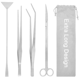 Funnytek 15Inch Extra Long Design Aquarium Aquascaping Tool Stainless Steel Aquascape Tools Kit 4 in 1 Anti-Rust Fish Tank Starter Kit with Long Tweezers Scissors Spatula for Aquarium Plants (Silver)