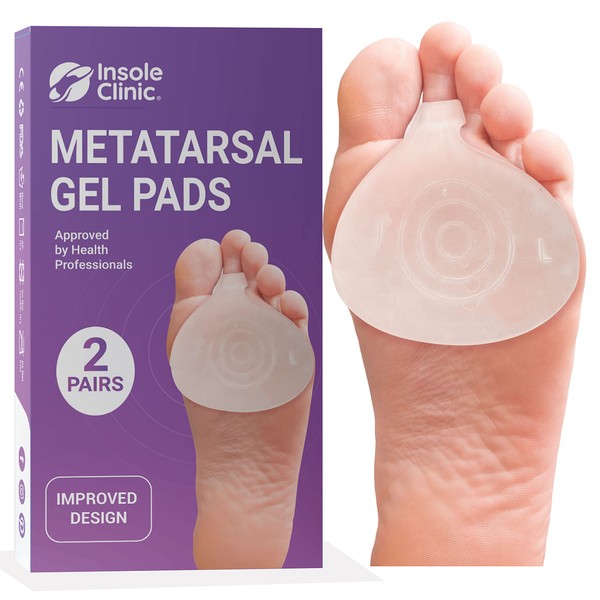 Metatarsal Pads by Insole Clinic® Ball of Foot Cushions Gel for Forefoot Burning Metatarsalgia Mortons Neuroma Sesamoiditis Pain Relief Blister Prevention 2 Pairs for Men Women