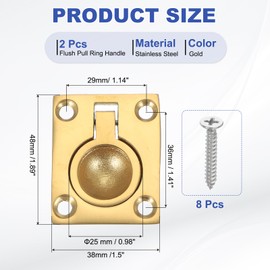 PATIKIL 1-7/8"x1-1/2 Flush Pull Ring Handles, 2 Pcs 316 Stainless Steel Square Recessed Door Pull Hidden Boat Hatch Latch with Screws for Marine Yacht Furniture, Gold