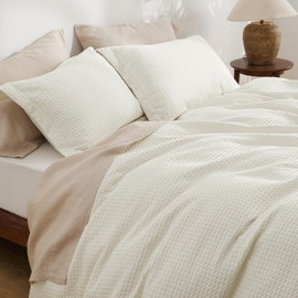 Bedsure Luxury Waffle Duvet Cover Queen Size - Textured Duvet Cover Set, Soft, Breathable Comforter Cover (90"x90") with 2 Pillow Shams for All Season, Irovy White, Comforter Not Included