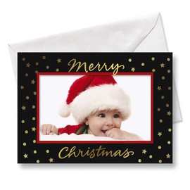 Current Deluxe Gold Star on Black Christmas Card Photo Frames - Set of 18 Folded Cards, Holiday Card Value Pack, Fits 4 x 6-Inch Horizontal Photos, Envelopes Included
