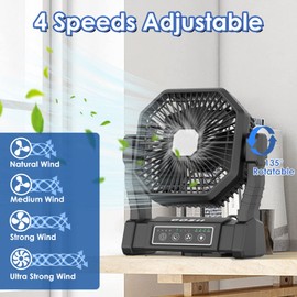 Battery Operated Fan, 20000mAh Rechargeable Camping Fan for Tent with LED Lantern - 3 Colors, 4 Speeds, 4 Timing, Adjustable Head with Hook, Portable Camping Gear for Table, BBQ, Beach, Hiking,Travel