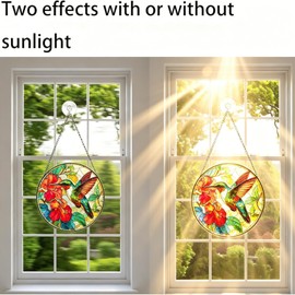 18.8CM Acrylic Puzzle Suncatcher Window Hanging,Hummingbird Flowers Stained Glass Sun Catchers for Windows,Stained Glass Sun Catchers for Windows,Emerald Flame Hummingbird Sun Catchers(Bird)
