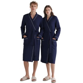 Cuffbow Cotton Robe for Women and Men Lightweight Waffle Knit Bathrobe Couple V Neck Spa Sleepwear(Men,2x-3xl,Navy Blue)