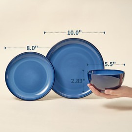 Pokini Blue Stoneware Dinnerware Set, 12 pcs Reactive Glaze Plates and Bowls Sets, Handmade Round Dishes Set for 4, Highly Chip and Crack Resistant Modern Plate Set