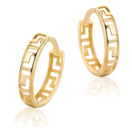 PRINS JEWELS Small Greek Key Hoop Earrings Yellow Gold 9 Carat 375 Gold Earrings H166, Gold