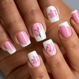 Square Press on Nails Short Fake Nails Pink False Nails White French Tip False Nails with Floral Patterns Design Glue on Nails Summer Full Cover Stick on Nails for Women Manicure 24Pcs