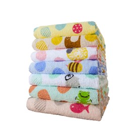 Kosugizen Face Towels, Print of Happy, 13.4 x 31.5 inches (34 x 80 cm), Set of 7, Thin Type, Large Capacity