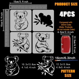 FINGERINSPIRE Set of 4 Koala Painting Stencils with Brush 15 x 15 cm Apple Koala on Tree Pattern Drawing Template Cute Animal DIY Decoration Stencil for Painting on Wood, Walls, Fabrics and Furniture
