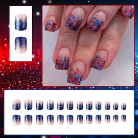 24 Pcs 4th of July Press On Nails Extra Short Square Independence Day Fake Nails Press ons MINGCHUN Nail Art Tips Nail Kit Glue on Nails Full Cover False Nails Sequin Glitter French Design for Women