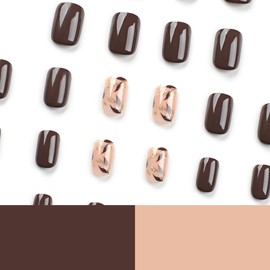 Brwon Press on Nails Short Square Fake Nails Fall Nail Press ons with Gold Foil & Leaf Design,Reusable Artificial Nail Full Cover Glossy Glue on Nail Stick on Nails for Women Manicure 24 Pcs