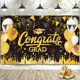 BTZO Congrats Grad Banner, Black Gold, 43.3 x 70.8 inch, Graduation Decoration, Indoor/Outdoor, Wall Mount