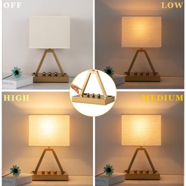 Briever USB Touch Control Table Lamp, 3-Way Dimmable Desk Lamp with USB C & USB A and AC Outlet, Bedside Lamp with Phone Stand and Fabric Shade for Bedroom, Living Room,Bulb Included, Gold