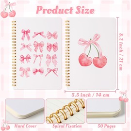 Haooryx 2pcs Pink Coquette Aesthetic Notebooks, Coquette Preppy Theme Spiral Journal Notebook, Pink Bow Cherry Watercolor Aesthetic College Hardcover Spiral Notebooks for School Stationery Supply