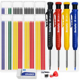 Bestpty 4PCS Carpenter Pencil with Sharpener Set, Mechanical Pencils with 52 Refills An eraser, Heavy Duty Woodworking Pencils for Architect for Construction with Case(Black, Red, Yellow, Blue)