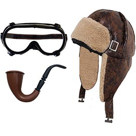 Aviator Hat Set 1940s Grandpa Style Pilot Hat + Black Goggles Fancy Dress Accessory Set 40's Wartime Pilot Flying Helmet Great Escape Adults Costume Set Fits Up To 55cm Head (Adult Sized)