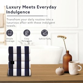 Organix Cabana Striped Beach Towel 30"x60", Large Highly Absorbent Pool Towels, Ringspun Cotton 4 Pack Bathroom Towels, Adult Luxury Beach Towels, Quick Dry Lightweight - Navy